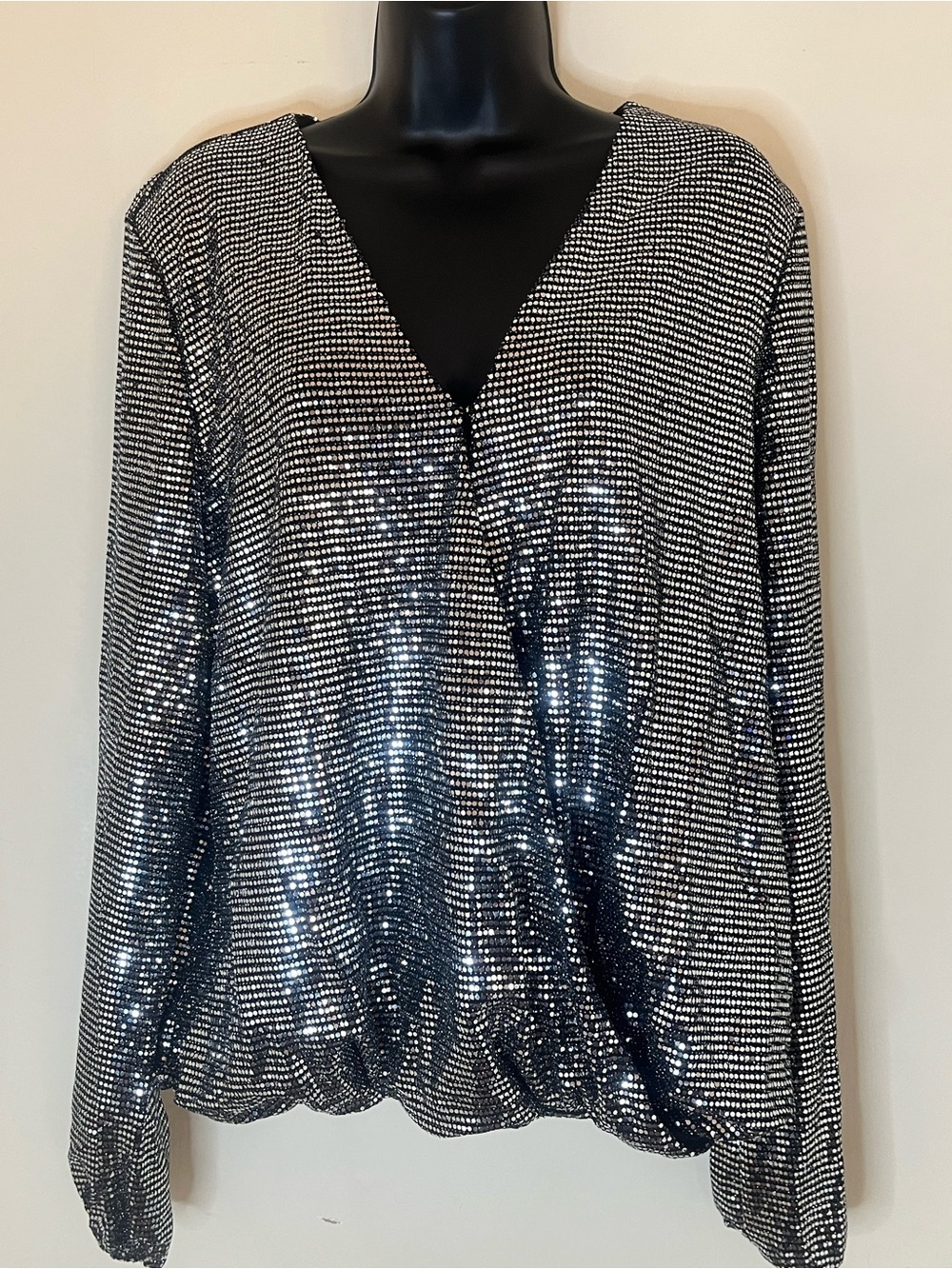 INC International Concepts Black and Silver Sequin V-Neck Top